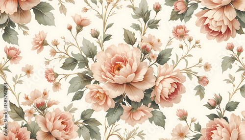Elegant Watercolor Floral Pattern with Pink Peonies.