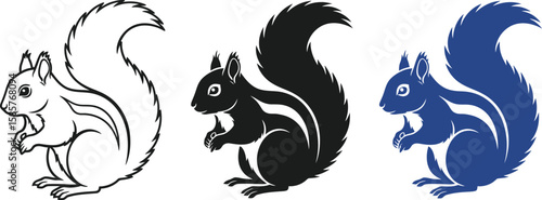 Three squirrel illustrations in white, black, and blue with a bird icon.