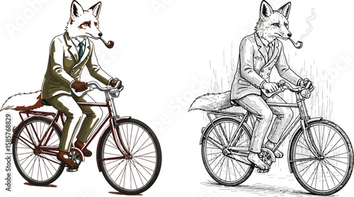 Fox in a suit rides a bicycle, smoking a pipe in this illustration.
