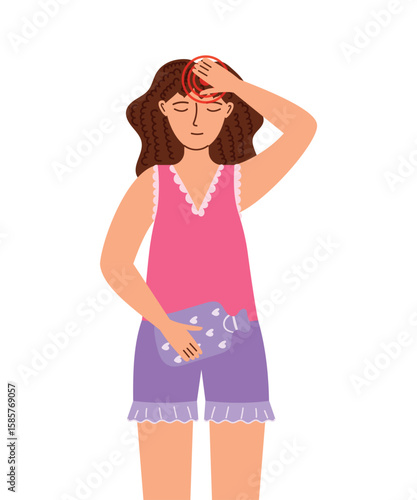 Woman holds a rubber hot water bottle. Pain during menstruation, headache