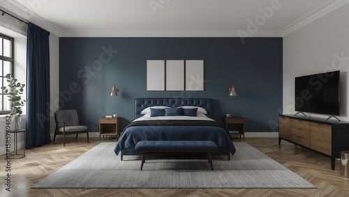 Sophisticated navy blue modern bedroom interior design; plush bed, herringbone floors, and flat-screen TV.