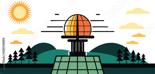 A comprehensive set of illustrations depicting solar energy panels in contexts and stages of energy production