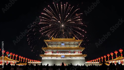 Xi'an ancient building night scene fireworks material ancient building fireworks bloom celebration