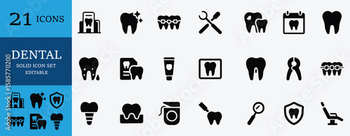 Dental icon set with teeth, braces, hygiene, treatment, dentist tools, and oral care symbols. Editable, vector, perfect for medical use