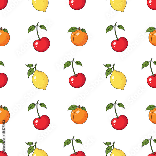 Fruit seamless pattern. Repeating pattern with lemon, apricot, cherry. Berries pattern for printing