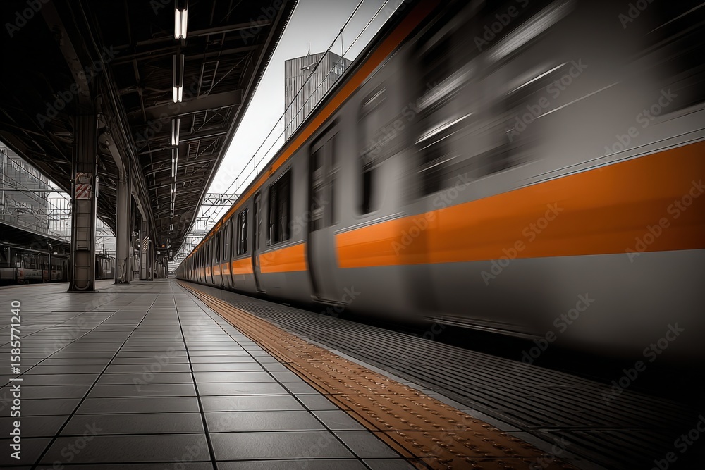 Obraz premium Modern urban train moving quickly inside underground station with blurred motion and architectural details in a contemporary transit system