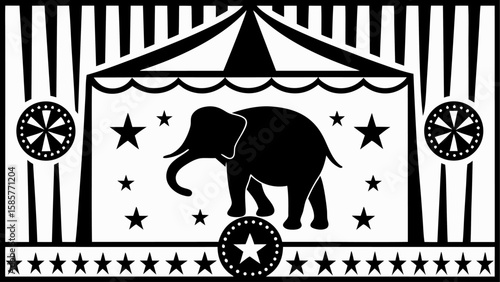 Black and white circus scene featuring an elephant under a tent with star decorations and striped patterns silhouette