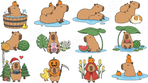Adorable capybaras depicted in various playful and seasonal cartoon scenes