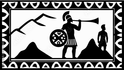 Black and white drawing of a warrior with a shield and trumpet in a decorative border landscape view silhouette