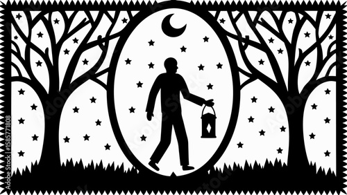 Silhouette of a person with a lantern walking under a moonlit sky surrounded by trees and stars design