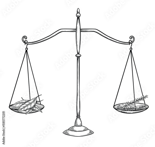 Vector drawing of vintage balance Scales with plants for herbal product branding, natural medicine packaging or botanical apothecary design. Black outline etching on isolated background.