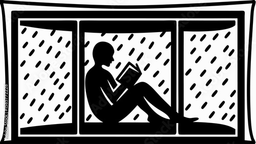 Silhouette of person reading a book by the window during rainfall in black and white illustration style