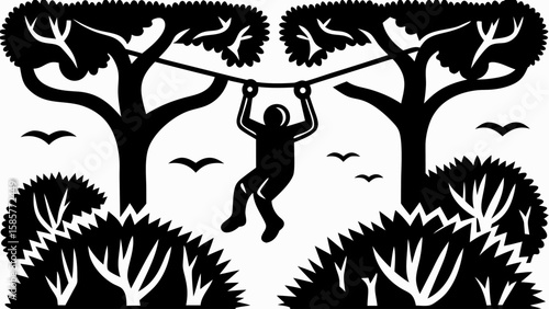 Silhouette of a person swinging from a rope between two trees with bushes and birds in the background