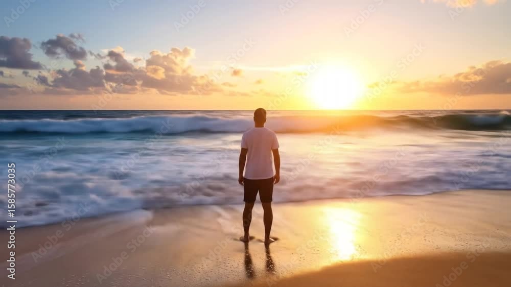 Man stands at sunset beach Man stands at sunset beach