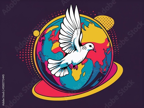 Vibrant Peace Dove Flying Over a Colorful Globe - Symbol of Global Harmony