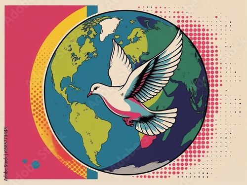 Vibrant Peace Dove Flying Over a Colorful Globe - Symbol of Global Harmony