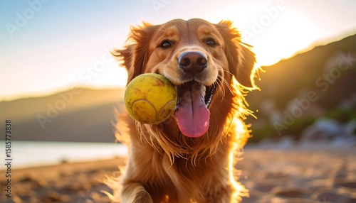 Golden Retriever playing with a ball on the beach at sunset
