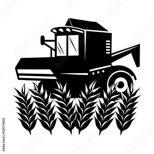 Illustration of a combine harvester in a field of wheat in black and white