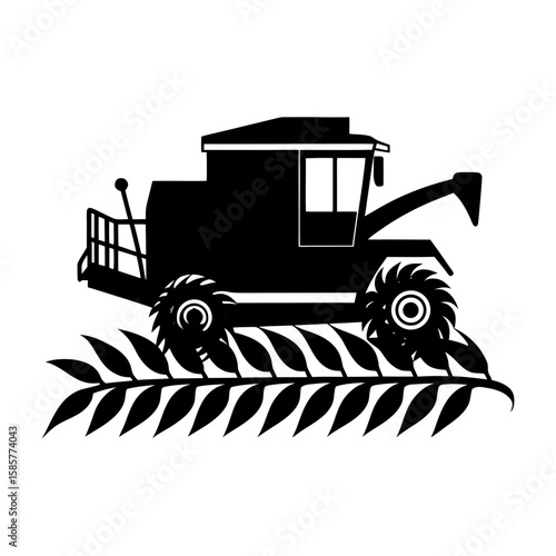 Silhouette of a combine harvester over a wheat stalk in black and white