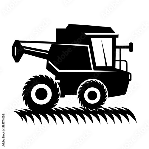 Illustration of a combine harvester on a field in black and white style