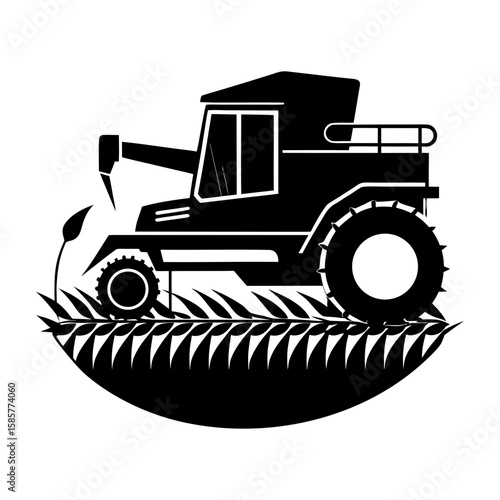 Illustration of a combine harvester on a field in black and white style