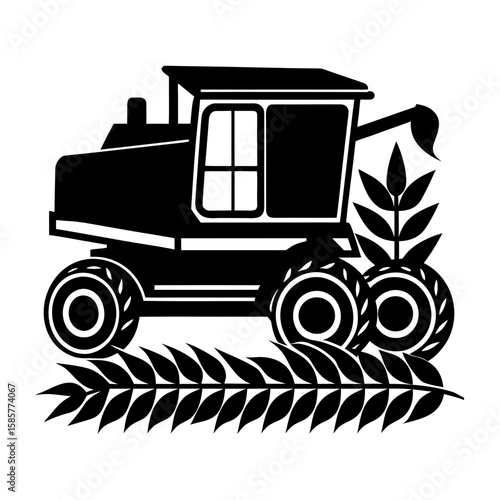 Illustration of a black combine harvester with wheat stalks around it