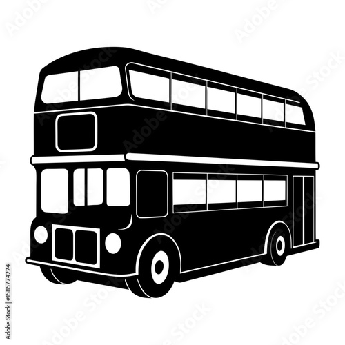 Illustration of a black and white double decker bus with several windows