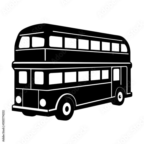 Illustration of a black and white double decker bus with many windows