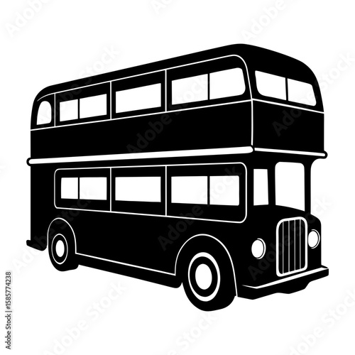 Illustration of a black double decker bus with white windows and tires