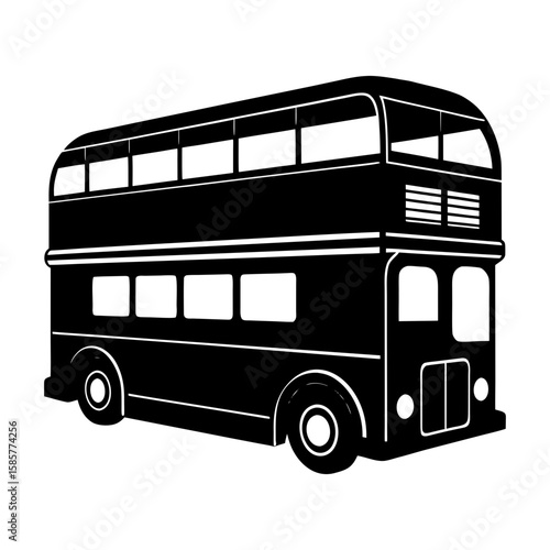 A black and white silhouette of a double decker bus with many windows