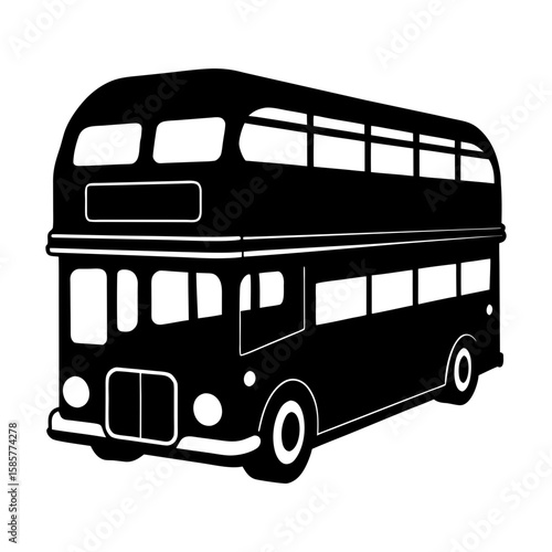 Illustration of a black and white double decker bus with visible windows
