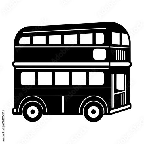 Illustration of a black double decker bus with windows and tires shown