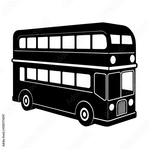 Illustration of a black double decker bus with white windows and tires