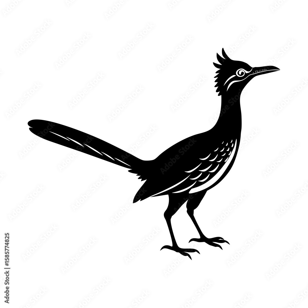 Fototapeta premium Illustration of a roadrunner bird standing in profile in black and white