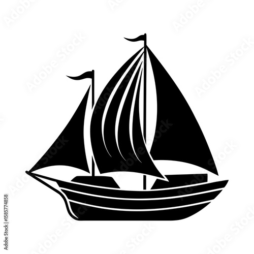 Illustration of a black sailboat with sails and two small flag poles
