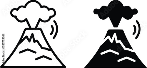 Black and White Volcano Eruption Icons Vector Illustration
