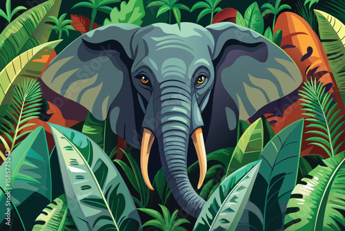 A wild elephant illustration, a mammal in its natural jungle habitat, with a design like a cartoon animal or silhouette art among trees and grass