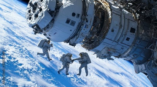 Astronauts in space suit working on the space station