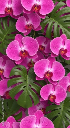 Pink Orchids and Green Monstera Leaves with Water Droplets phalaenopsis orchid flower