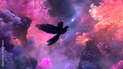 Abstract bird flight through a vibrant nebula-like forest