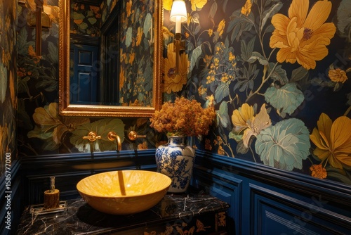 Luxurious corner bathroom with ornate wallpaper, gold accents, and a statement sink