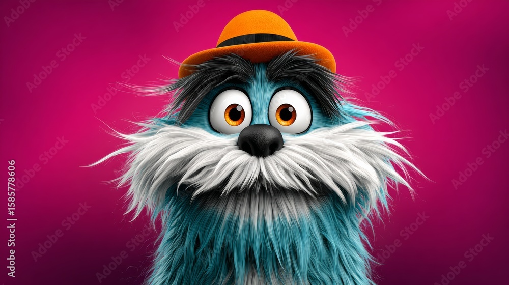 Fototapeta premium Cartoon character with a blue hat and a white beard is smiling. The image has a playful and lighthearted mood
