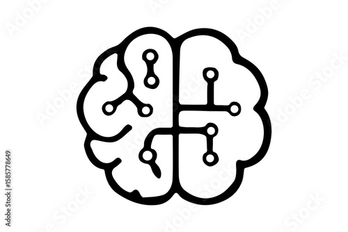 The image displays a stylized black and white icon representing a brain, with the left hemisphere featuring a more organic, neural network-like pattern