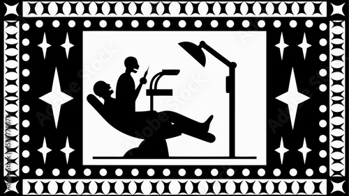 Silhouette dentist examining patient with dental light and decorative border with stars and circles