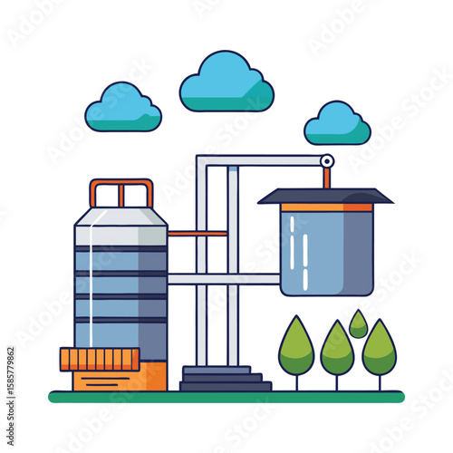 Industrial Water Treatment Plant with Clouds and Trees
