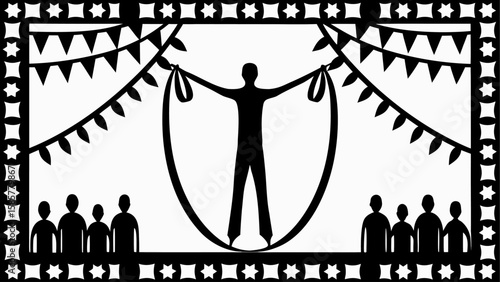 Silhouette of a tightrope walker with arms outstretched performing before a crowd and festive decorations