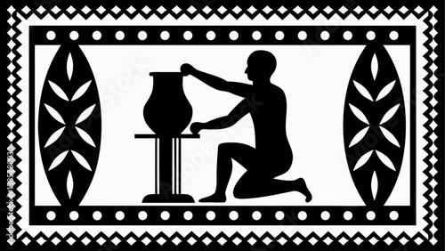 Black and white illustration of a potter shaping a vase with decorative border and leaf elements silhouette