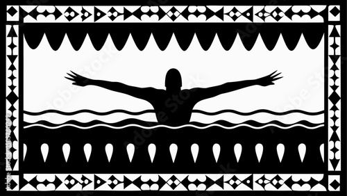 Silhouette of swimmer with outstretched arms in water framed by decorative border in black and white design