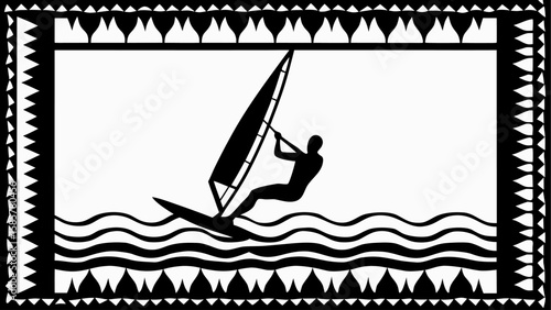 Silhouette of windsurfer on wavy water with decorative border of triangles and teardrop shapes
