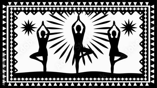Three yoga poses in silhouette with radiating lines and decorative border in black and white design art